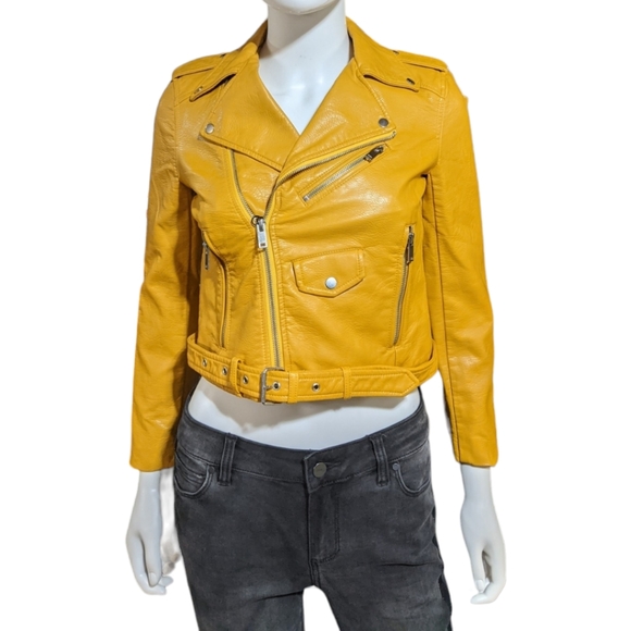 Zara Basic Mustard Faux Leather Motorcycle Jacket, XS - Picture 3 of 7